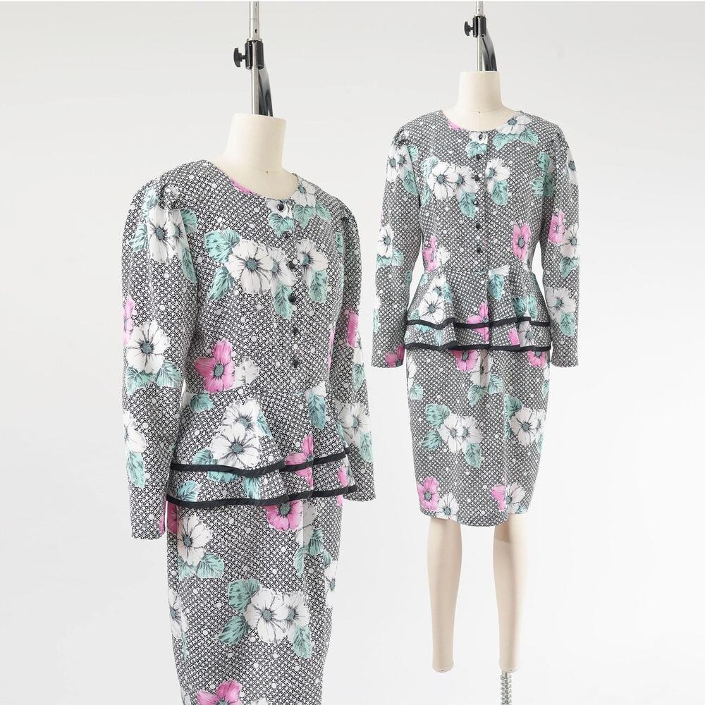 Vintage 80s Floral Peplum Waist Puff Sleeve Dress size S